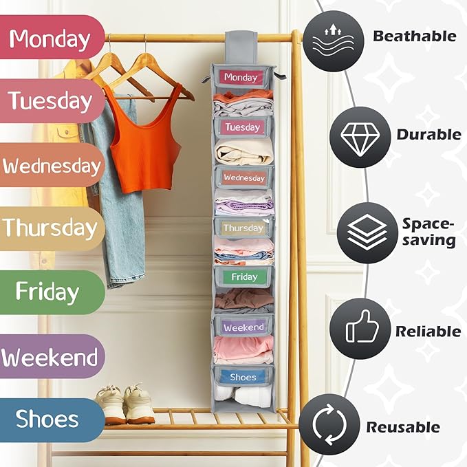 2 Pack 7 Shelf Weekly Clothes Organizer Hanging Closet for Kids with Side Pockets Weekday Shoes Rack Weekly Clothes Organizers Monday Through Weekend Foldable Storage Shelves(Gray)