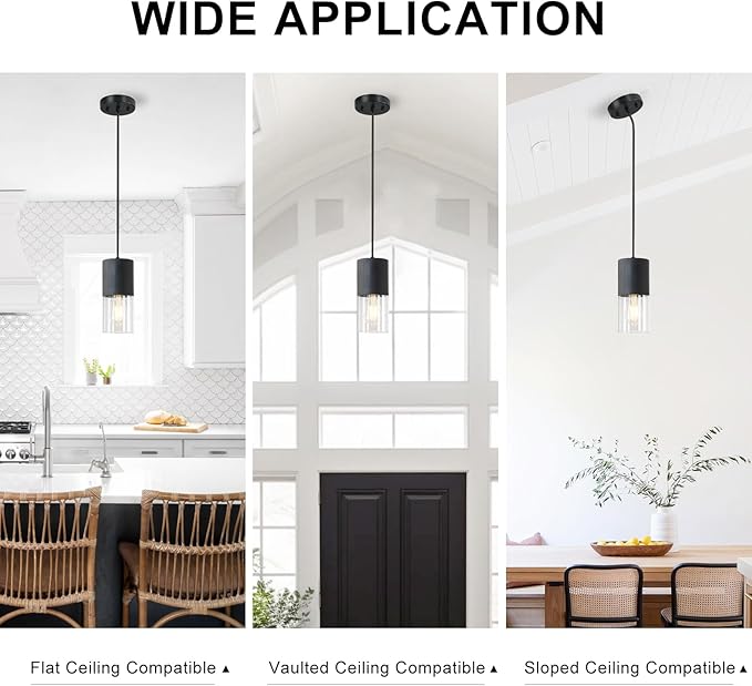 Black Pendant Light Fixtures, Adjustable Modern Pendant Lights for Kitchen Island, Industrial Clear Glass Pendant Lights for Dining Table Hallway Bedroom Living Room, 1 Pack