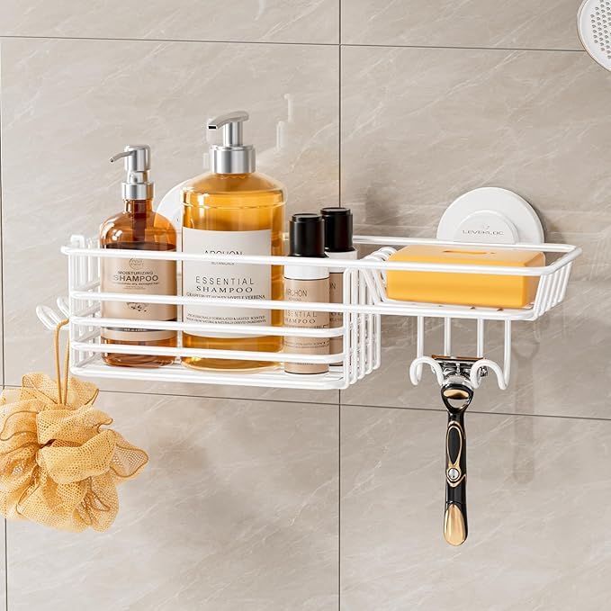LEVERLOC Shower Caddy Suction Cup, Heavy Duty Bathroom Organizer for Inside Shower with Hooks & Soap holder, NO-Drilling Bathroom Holder-White