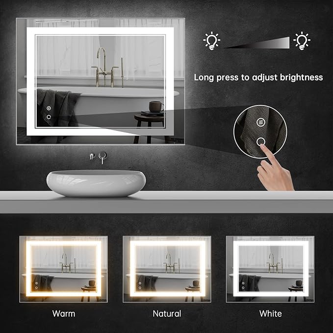 40" x 30" LED Bathroom Mirror Wall Mounted Anti-Fog Vanity Mirror Lighted Dimmable Led Makeup Mirror with Lights