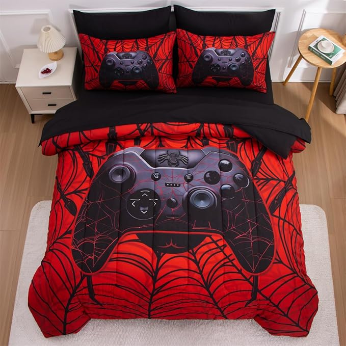 NTBED Game Console Comforter Set for Boys Girls Kids Spider Web Gaming Lightweight Microfiber Gamer Bedding Sets (Red, Twin 5Pcs)