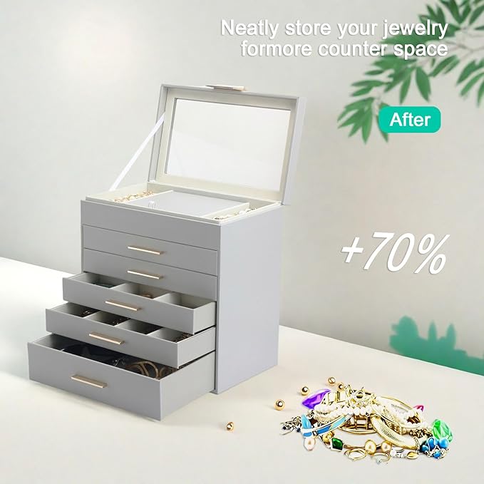 BOOVO Jewelry Boxes for Women, White and Black 6 Layer Large Jewelry Box for Necklace, Bracelet, Earrings, Rings Storage, Jewelry holder Organizer for Girls Gift (Grey, 6 Layer)