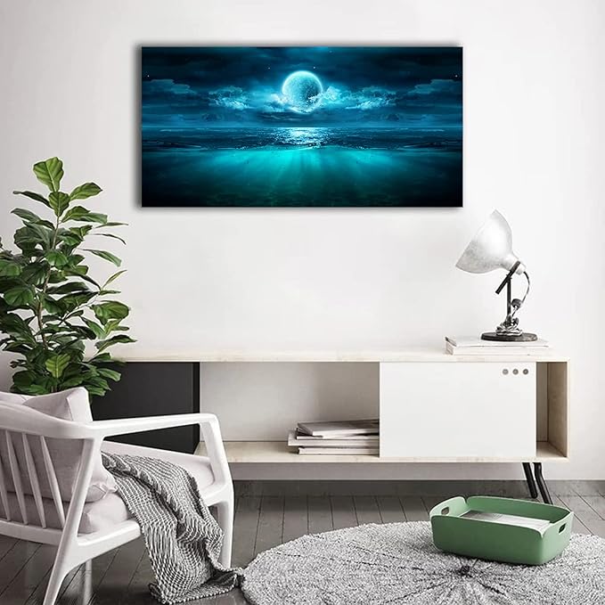 Full Moon Ocean Waves Wall Art Moon Night Canvas Pictures Dark Teal Blue Seascape Canvas Art Landscape Prints Artwork for Living Room Bedroom Bathroom Ofiice Kitchen Home Wall Decoration 20" x 40"