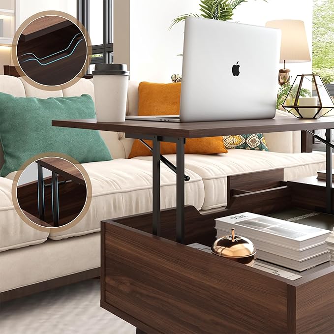 HAIOOU Lift Top Coffee Table with Storage, Mid Century Modern Coffee Tables with Drawer for Living Room,Walnut Rectangular Center Table with Pine Leg Anti-Scratching, Home, Office