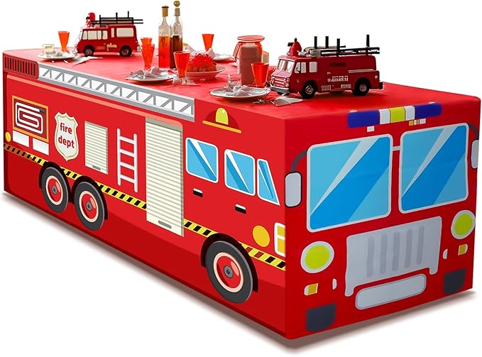 8Ft Fire Truck Birthday Party Tablecloth,Firefighter Birthday Party Decorations,Fire Truck Table Cloth for Kids Boys Firefighter Firetruck Theme Party Decorations Supplies