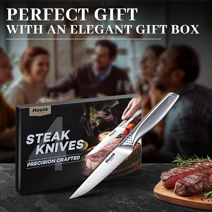 Huusk Serrated Steak Knives Set, 4.5" Japanese Stainless Steel Steak Knives Set of 4, Sharp Dishwasher Safe Dinner Knife for Kitchen Table with Gift Box