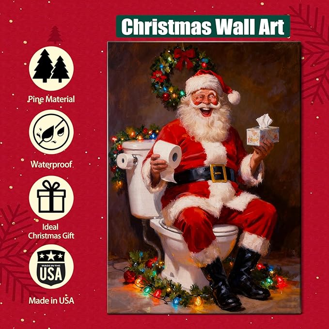 Funny Santa Claus Christmas Canvas Wall Art - Humorous Bathroom & Office Framed Print Ready to Hang, Unique Christmas Gifts for Family, Festive Winter Decor & Amusing Christmas Decorations