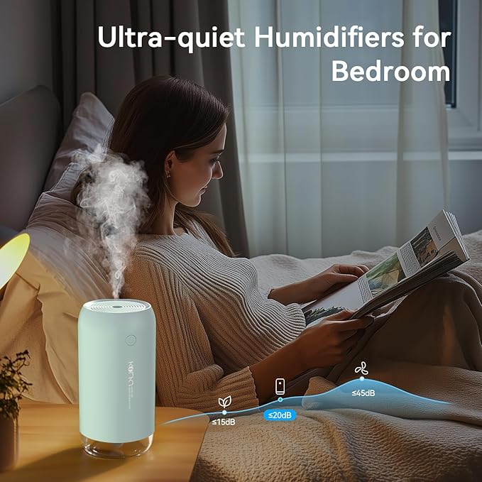 Portable Mini Humidifier, Small Cool Mist Humidifiers 350ml Quiet USB Personal Desktop Air Humidifier for Bedroom Home Plants Car Baby indoor Office with 2 Mist Modes & Auto Shut-off（Blue）