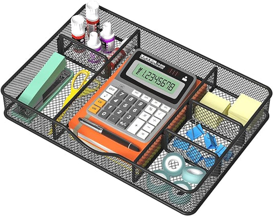 Desk Drawer Organizer, Metal Mesh Drawer Organizer Tray with 6 Adjustable Compartment, Tray Organizer for Desktop, Kitchen, Bathroom, Makeup, Vanity - 14.5x8.8x1.96 inch, Black, 1PC Large