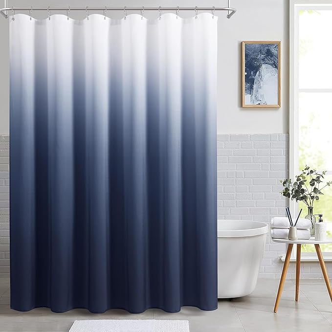 Navy Blue and White Shower Curtains for Bathroom, Ombre Indigo Royal Light Blue Cloth Fabric Shower Curtain Set with 12 Hooks Royal Indigo Bathroom Decor 72 x 72