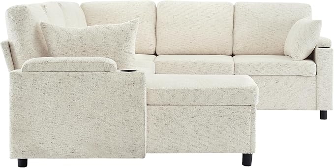 Ball & Cast 109.9" Sectional Sofa with Pull Out Bed, Chenille Upholstered Sleeper Sofa bed with Storage Chaise, Convertible U Shaped Couch with Two Cup Holders and Charging Ports for Living Room,Beige