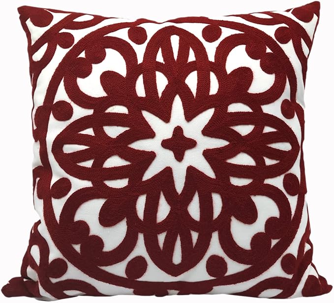 Alysheer Embroidered Decorative Throw Pillow Cover 18x18 inch, Classic Boho Mandala Knit Pattern, Cozy Soft 100% Cotton Canvas Fall Cushion Case for Sofa Couch Living Room (Burgundy Red)