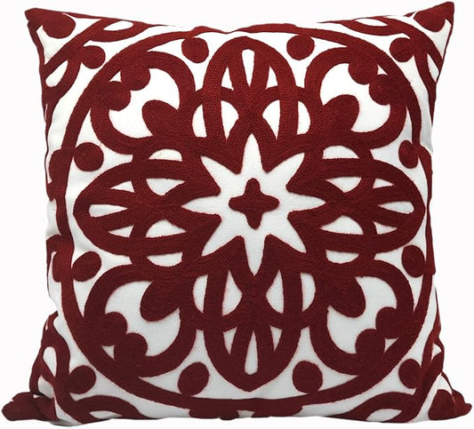 Alysheer Embroidered Decorative Throw Pillow Cover 18x18 inch, Classic Boho Mandala Knit Pattern, Cozy Soft 100% Cotton Canvas Fall Cushion Case for Sofa Couch Living Room (Burgundy Red)