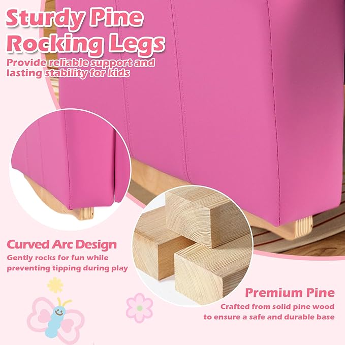 AVAWING Kids Recliner Chair with Cup Holder, Leather Toddler Recliner with Adjustable Backrest, Curved Rocking Legs and Comfy Armrests for Bedroom or Nursery, Pink