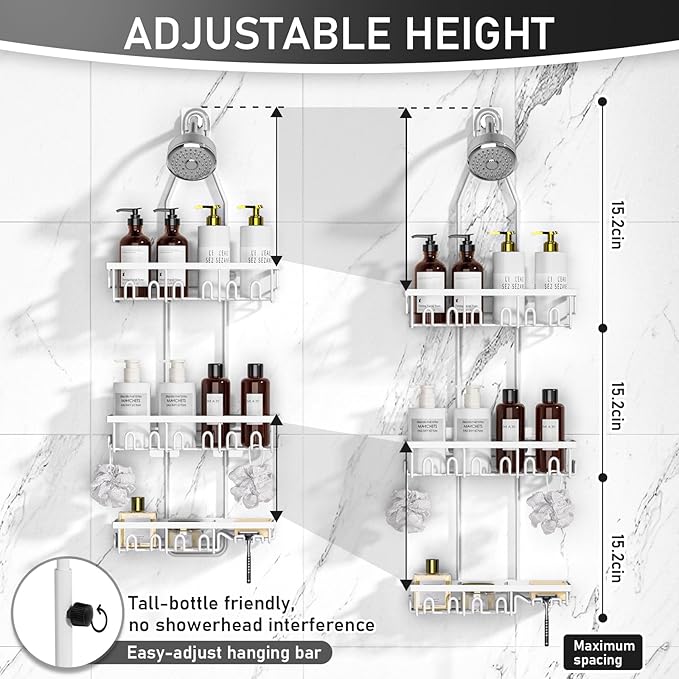 Shower Caddy,Rustproof Shower Shelves Over Shower Head,Extended Length shower rack with Soap HoSlder,White