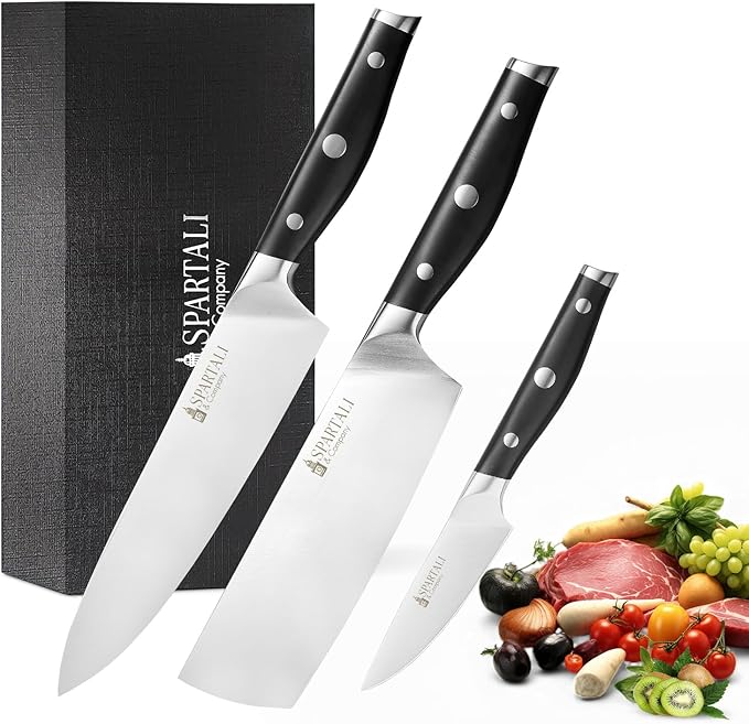 3-Piece Kitchen Knife Set – Includes 8” Chef Knife, 7” Nakiri, 3.5” Paring – High Carbon German Stainless Steel Blades, Ergonomic Handle – Versatile Knife Trio for Chopping, Dicing, and Slicing