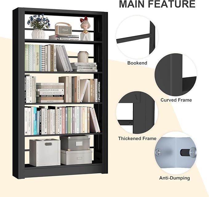 5-Tier Industrial Bookshelf, White Bookcases and Bookshelves,Tall Bookshelf Storage Organizer,Freestanding for Living Room, Bedroom,Home Office,Meta,Black