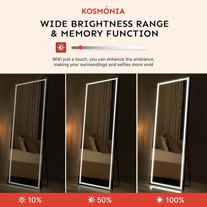 68x24 Frameless Full Length Mirror, Dimmable 3 Color LED Light w/Memory Function, Distortion Free, HD Reflection & Anti Desilvering, Tempered Glass & Shatter Proof Film Doubling Safety