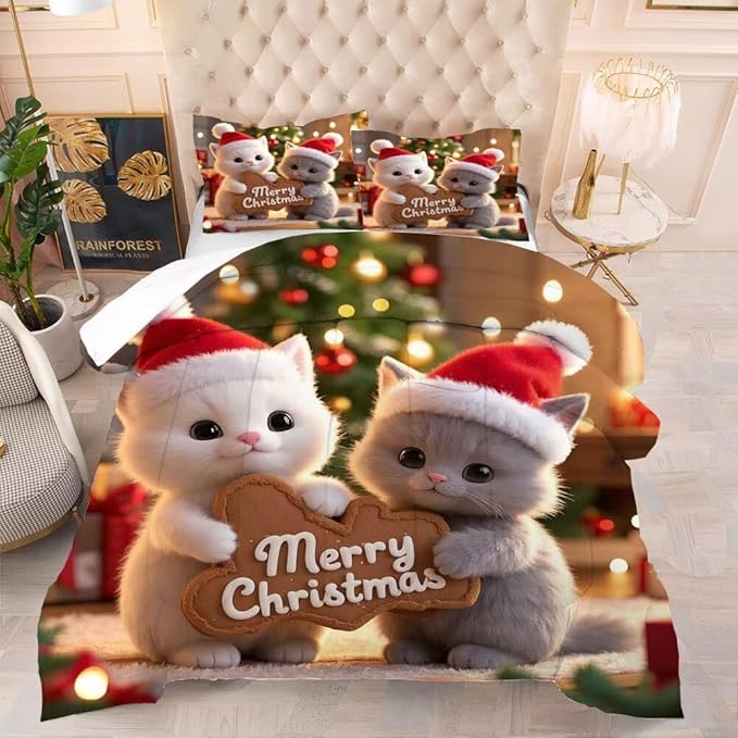 Kids Christmas Comforter Set Twin, Merry Christmas Cat Print Bedding Set for Girls Boys Women and Men, Xmas Bed Set with 1 Comforter and 1 Pillowcase
