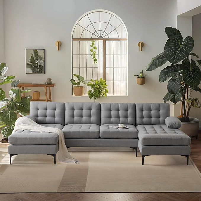 VINGLI 110" Modern U Shaped Sectional Sofa Couch with 51"D Double Chaise for Living Room, Large Tufted Button Couch Sets with 5.9" Thickness Seating Padding for Small Spaces (Light Grey,Tufted Button)