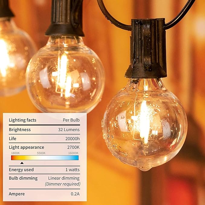 50FT LED Outdoor String Lights with 27 G40 Bulbs (2 Spare) Connectable Yard Hanging Lights for Party Tents Patio Gazebo Porch Deck Bistro Backyard Balcony Pergola Outside Decor