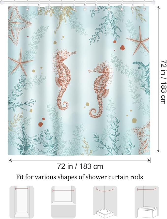Bonhause Coastal Seahorse Shower Curtain, Blue Ocean Beach Starfish Coral Underwater Bathroom Curtain 72 x 72 Inch Polyester Fabric Waterproof Bath Curtain with 12 Hooks