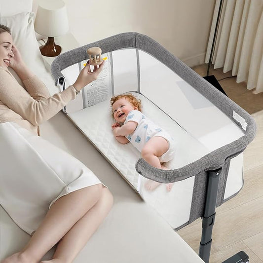 Kinder King Baby Bassinet w/Wheels, Folding Portable Newborn Bedside Sleeper, All-Sided Mesh Infant Crib, Adjustable Height, Removable Soft Mattress, No Tool to Assemble, Grey