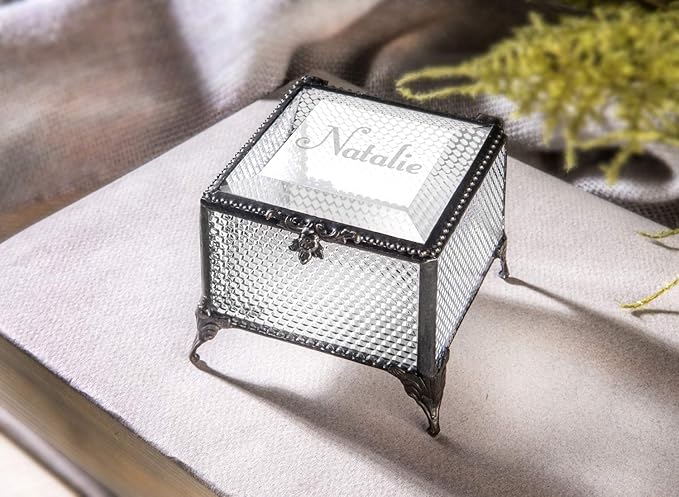 Personalized Engraved Jewelry Box Decorative Vanity Display Stained Glass Keepsake - J Devlin Box EB217-1 (Clear Honeycomb)
