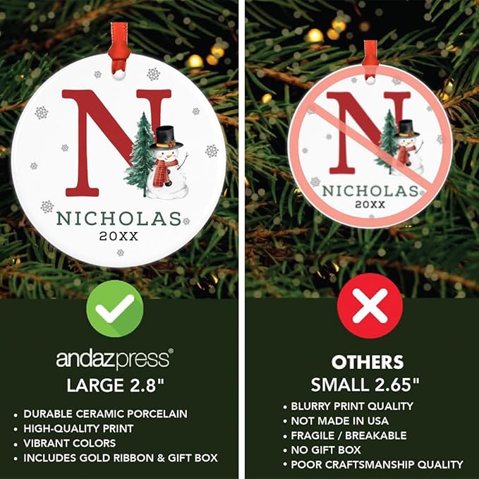 Andaz Press Personalized Ornament, Custom Name, Initial N Monogram Snowman 2.8" Ceramic Porcelain 2025 Christmas Ornament Keepsake for Kids, Boys, Girls, Includes Gold Ribbon & Gift Box, 1-Pack
