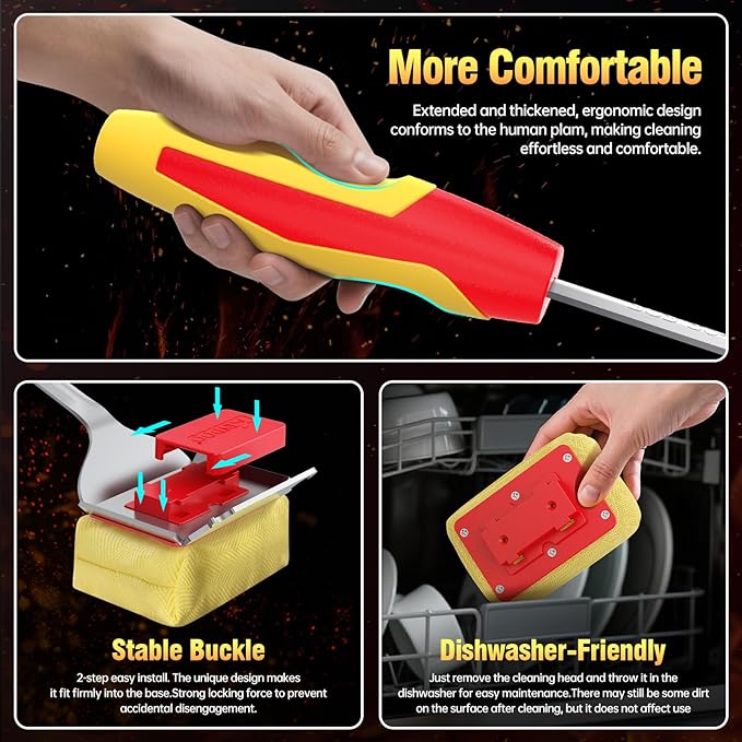 Grill Brush Bristle Free for Outdoor Grill, Steam Grill Cleaning Brush Replaceable BBQ Cleaner Brush Head,Extended Handle, Safe Grill Brush with Scraper for Cast Iron Stainless-Steel Grates, Red