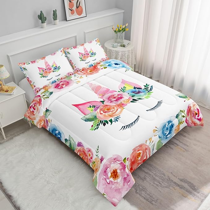 Unicorn Floral Watercolor Flower Comforter Bedding Set for Girls Teens Adults,Colorful Lovely Roses Blooms Print Design Unicorn Bedding Set(Full)