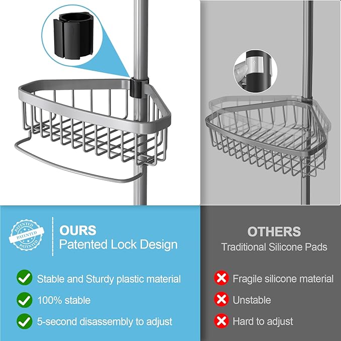 Corner Shower Caddy Tension Pole: Stainless Steel Rustproof 4-Tier Shower Organizer - 47-121 inch Adjustable Bathroom Shelves for Bathtub Shampoo Storage - Tension Rod Floor Standing Bath Rack