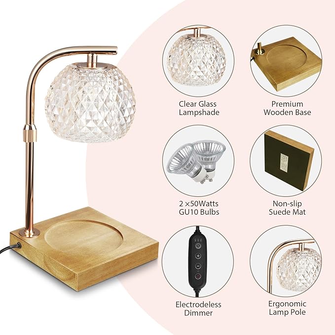 Mocalido Candle Warmer Lamp with Timer, Dimmable Electric Candle Warmer Adjustable Height, Top Candle Melter Warming Lamp for Scented Jar Candles, Clear