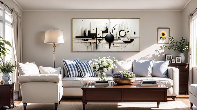 abstract Wall Art Black And White Modern Artwork Geometric Line Art Canvas Painting Wall Decor for Living Room Bedroom Dining Room Home Office Decor 30"x60" with Framed…