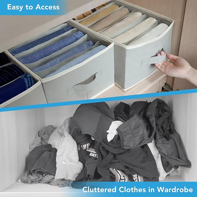 6 Pcs Large Size Wardrobe Clothes Organizers 6 Grids for Pants, Jeans, Sweater, T-shirt, Thin Coat, Dress Stackable Closet Drawer Organizer Storage Bin Container with Sturdy Handles, Grey