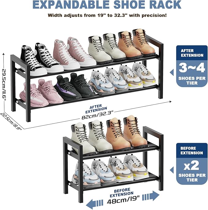 Mavivegue Expandable Shoe Rack, 2-Tier Adjustable Shoe Organizer, Shoe Shelf for Closet, Entryway, Front Door