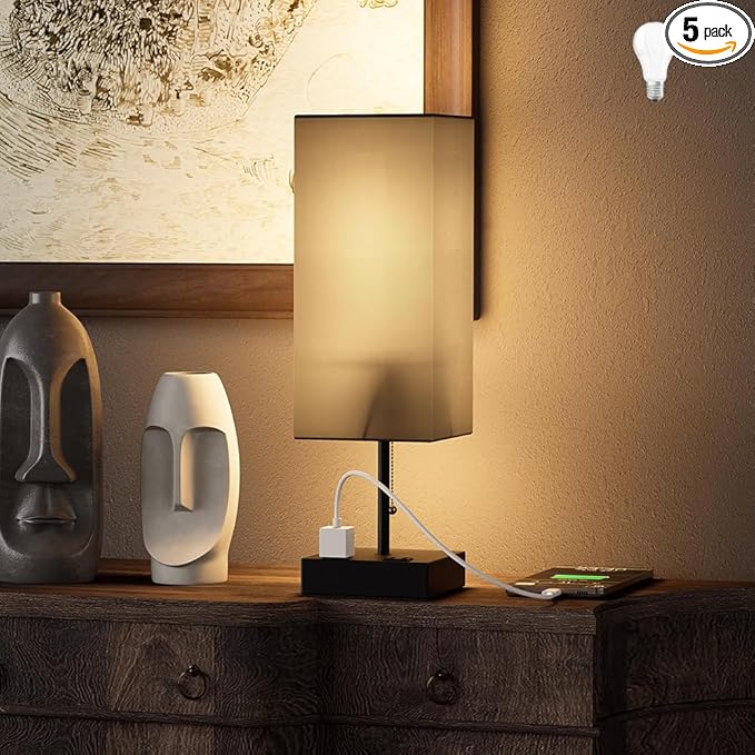 Table Lamp for Bedroom with USB,Bedside Lamp with USB C+A Charging Ports,Adjustable 3color LED Light for Home Decor/Nightstand/Office,Included Bulb and Fabric Lamp Shade (Linen Black, 1PCS)