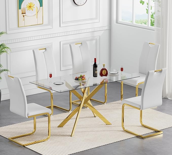 Goujxcy Gold Dining Table Set for 6, Glass Kitchen Table with Chair Set, Modern 51" Rectangle Glass Dining Table and 6 White PU Leather Chairs with Metal Frame for Kitchen Dining Room