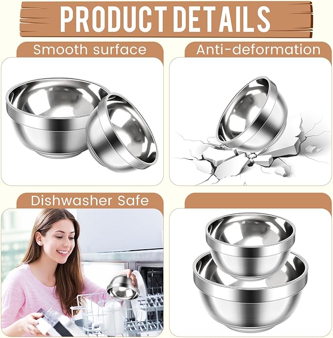 20 Pack 304 Stainless Steel Bowls Set 13 oz 34 oz Metal Double Walled Insulated Snack Mixing Lightweight Multipurpose Toddler Dinner Bowls for Ice Cream, Cereal, Snack