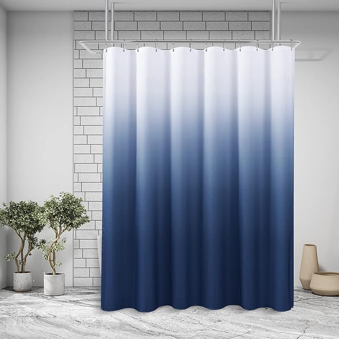 96 inch Blue Shower Curtains for Bathroom, Ombre Textured Fabric Long Shower Curtain Set with 12 Hooks, Machine Washable, Navy Indigo Blue Bathroom Decor 72 x 96 Extra Long