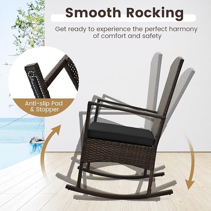 Tangkula 3 Pieces Rocking Wicker Bistro Set, Outdoor Front Porch Rocker Chairs Conversation Set with 2-Tier Tempered Glass Coffee Table and Thick Cushions for Garden, Balcony, Poolside (Black)