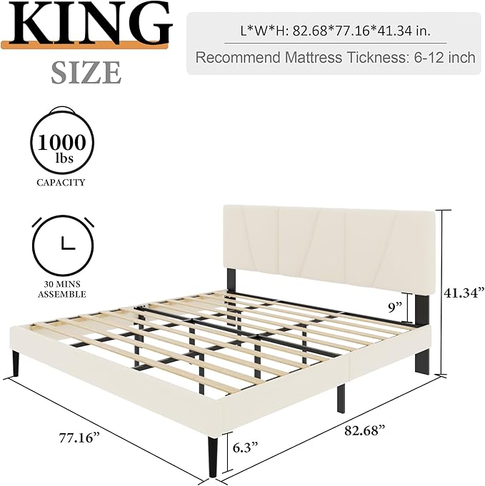 King Size Platform Bed Frame with Upholstered Headboard, Wooden Slats Support, Noise Free, No Box Spring Needed, Easy Assembly, Beige, Velvet
