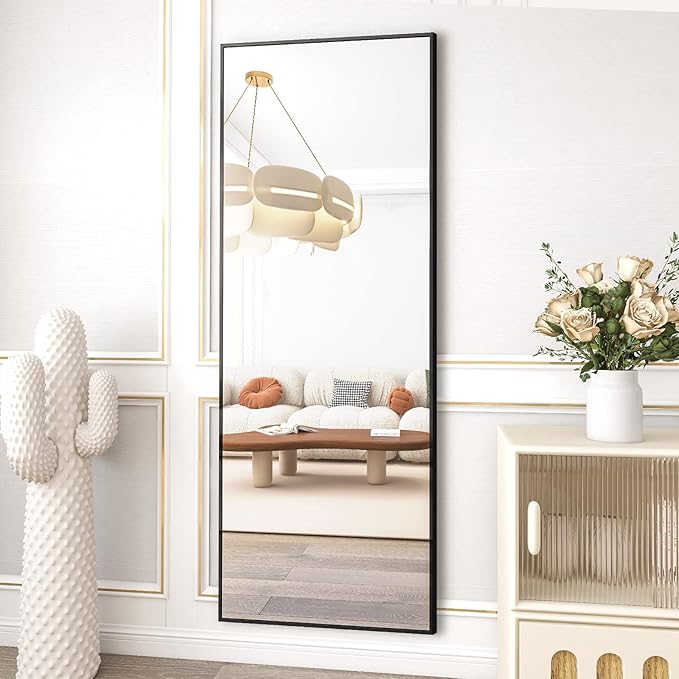 HARRITPURE 65"x22" Full Length Mirror Aluminum Frame Wall Mirror Floor Rectangle Mirrors Standing Wall & Leaning Large Dressing Mirror for Living Room Bedroom Cloakroom,Black