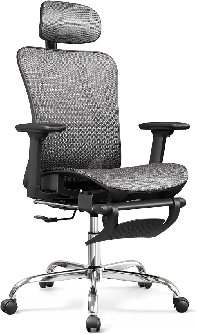 DEVAISE Ergonomic Mesh Office Desk Chair, Retractable Footrest and Adjustable Lumbar Support, Comfy High Back Reclining Computer Gaming Chair, Tilt Function, Heavy Duty, SGS Class 4 Gas Lift, Grey