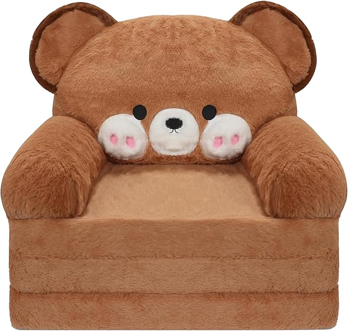 MONKISS Kids Couch, Comfy Toddler Chair, 2 in 1 Fold Out Kids Sofa to Lounger, Baby Sleeper Chair, Toddler Furniture, Birthday Gifts for Boys and Girls, 1~4 Years Old, Bear