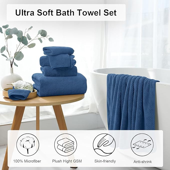 8 Piece Large Navy Family Bath Towel Set-2 Oversized Bath Towel Sheets,2 Hand Towels,4 Washcloths-600GSM Soft Highly Absorbent Quick Dry Beach Chair Towels Woven Towels for Bathroom Hotel and Spa