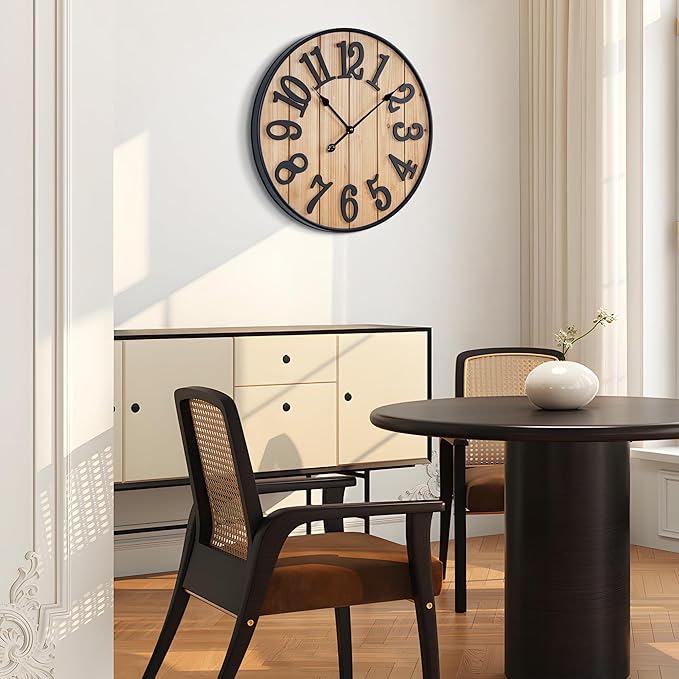 Large Wall Clock 30IN, Silent Metal Wood Style Wall Clocks Battery Operated for Living Room Decor, Farmhouse Big Wall Clock, Outdoor