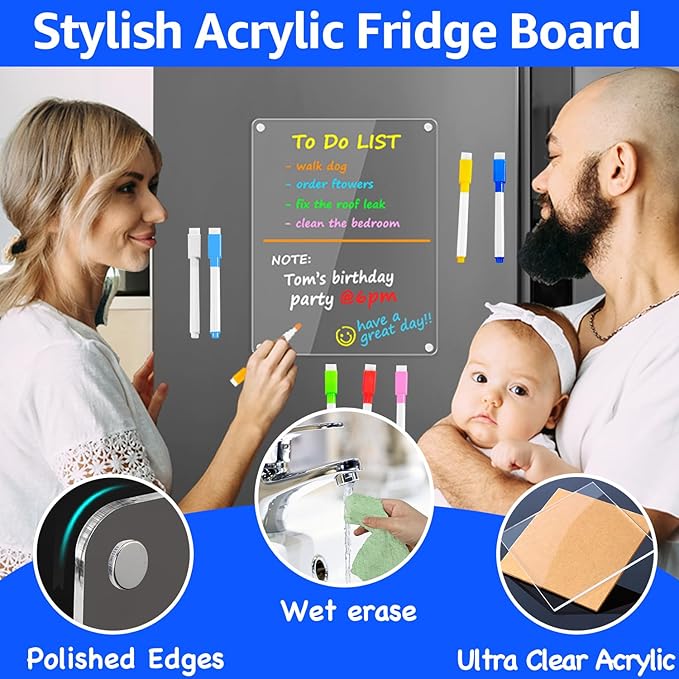 PigPotParty Clear Acrylic Magnetic Whiteboard for Fridge, 1 Pack 9.5"x12" Dry Erase Board Blank Memo to Do Shopping/Grocery List Meal Planner Chore Chart for Adult Teens Kids, w/ 8 Markers & 1 Towel