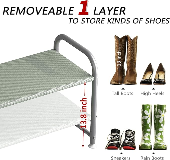 Shoe Rack 2 Tier Long Storage Organizer Wide Metal Shoe Shelf for Closet Entryway Grey