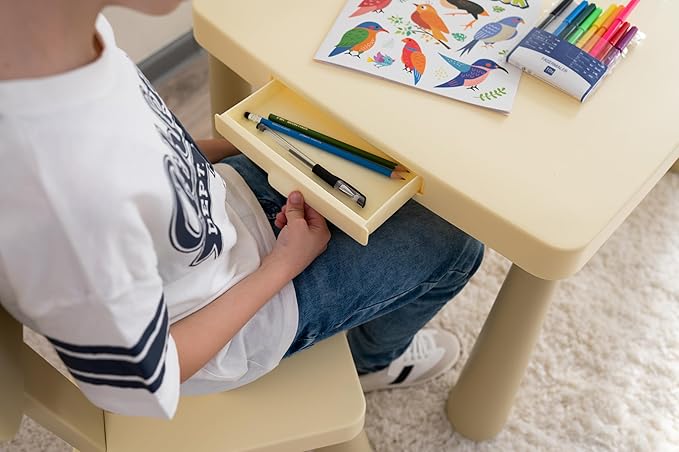 Toddler Table and Chair Set with Storage Drawer, Height-Adjustable Kids Desk and Chair Set for Ages 2-8, Easy-Clean Children’s Table and Chairs with Sturdy Legs & Round Corners